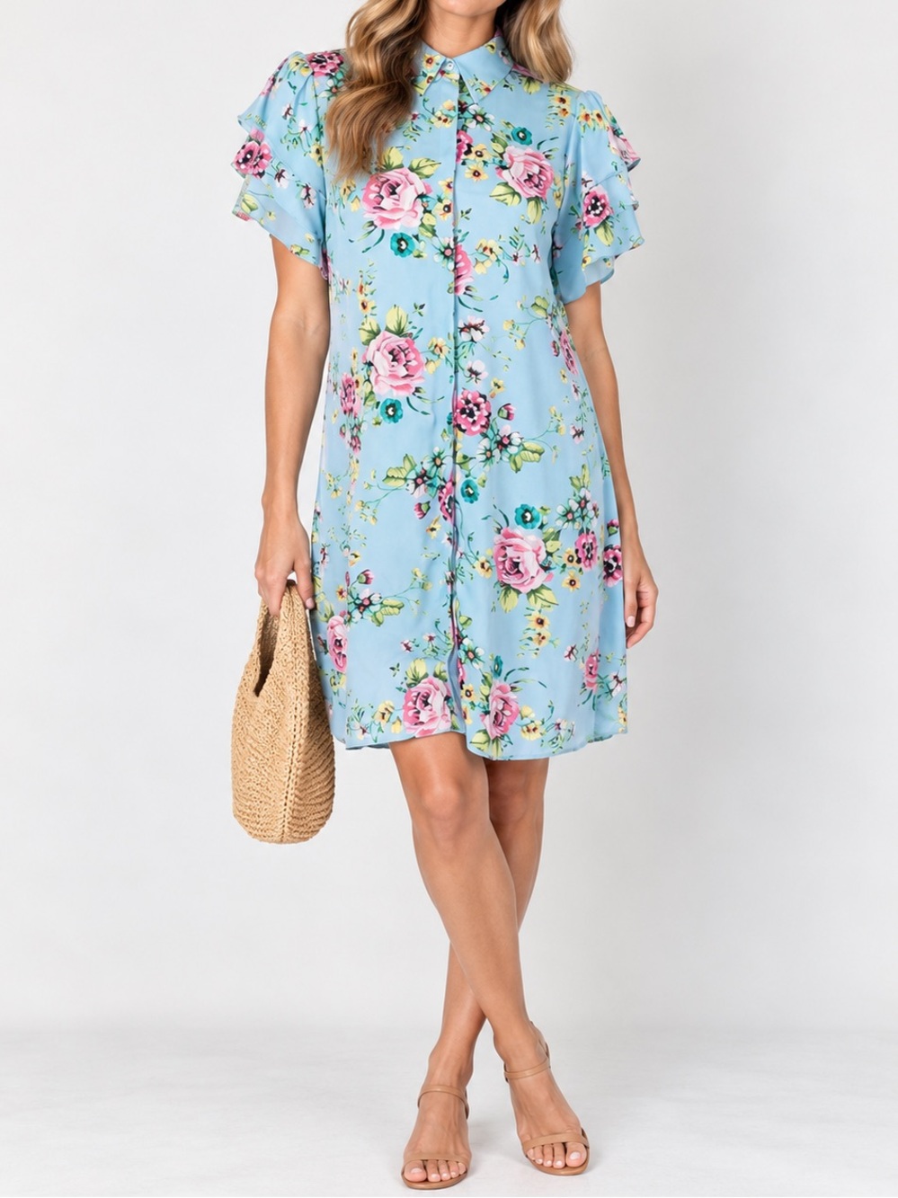 Laundry By Shelli Segal Shirtdress Baby Blue Floral Dress Short Sleeve Medium